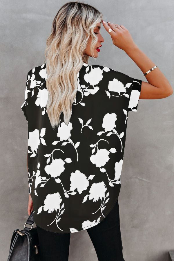 Black-Cream Floral Printed Short Sleeve Blouse